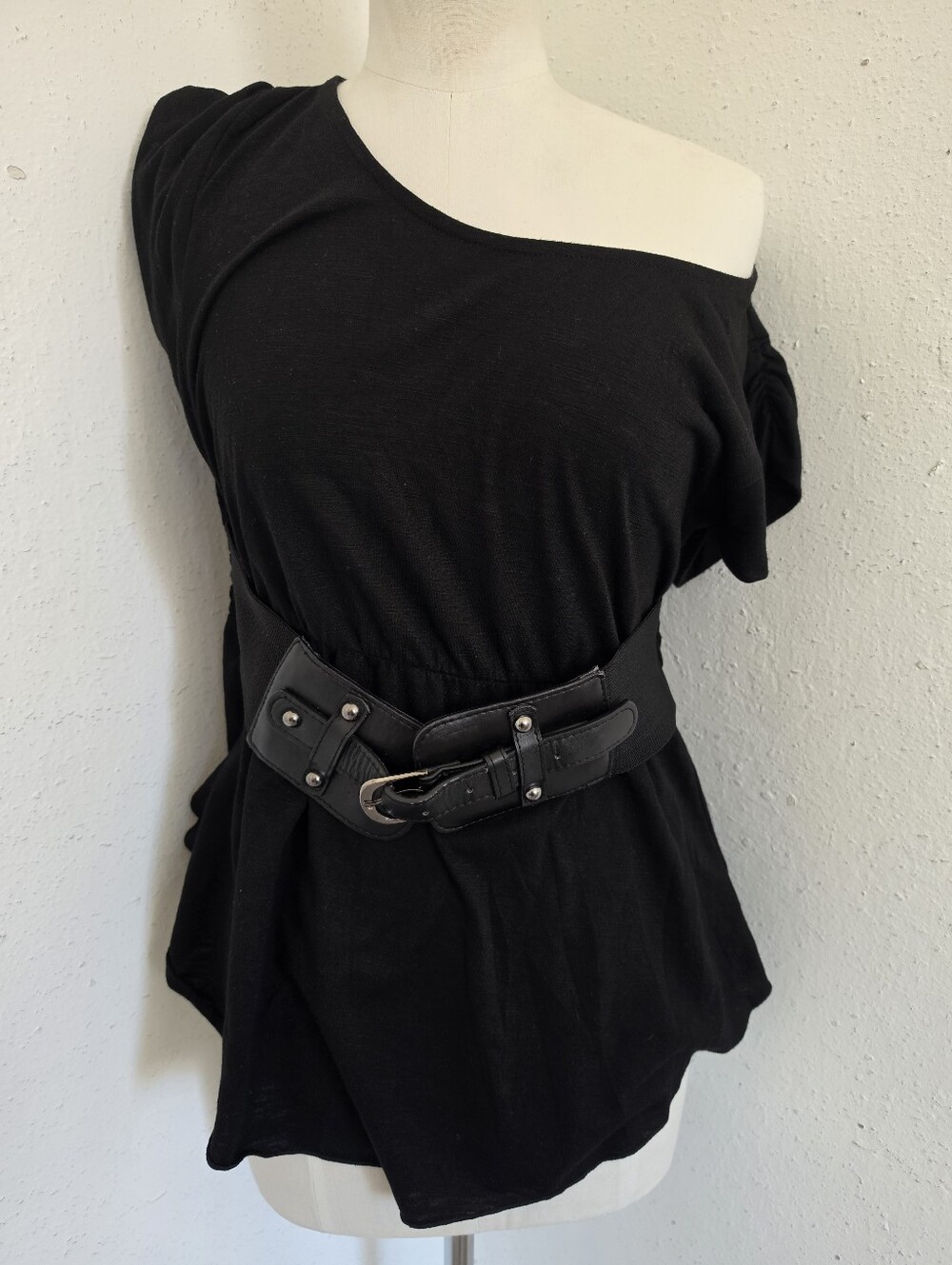 Y2K Belle du Jour Black Babydoll Blouse Size L Belted Lace Back Stretchy Top